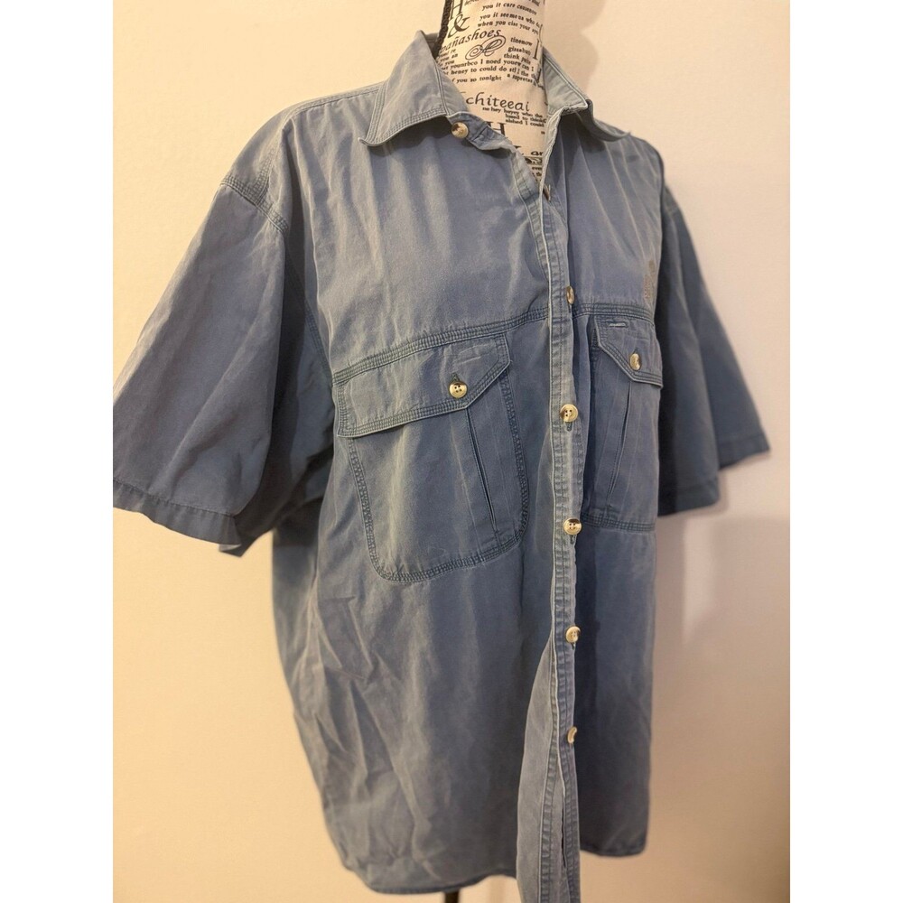 Natural Balance Embroidered Short Sleeve ButtonUp Shirt Blue L minimalist preppy